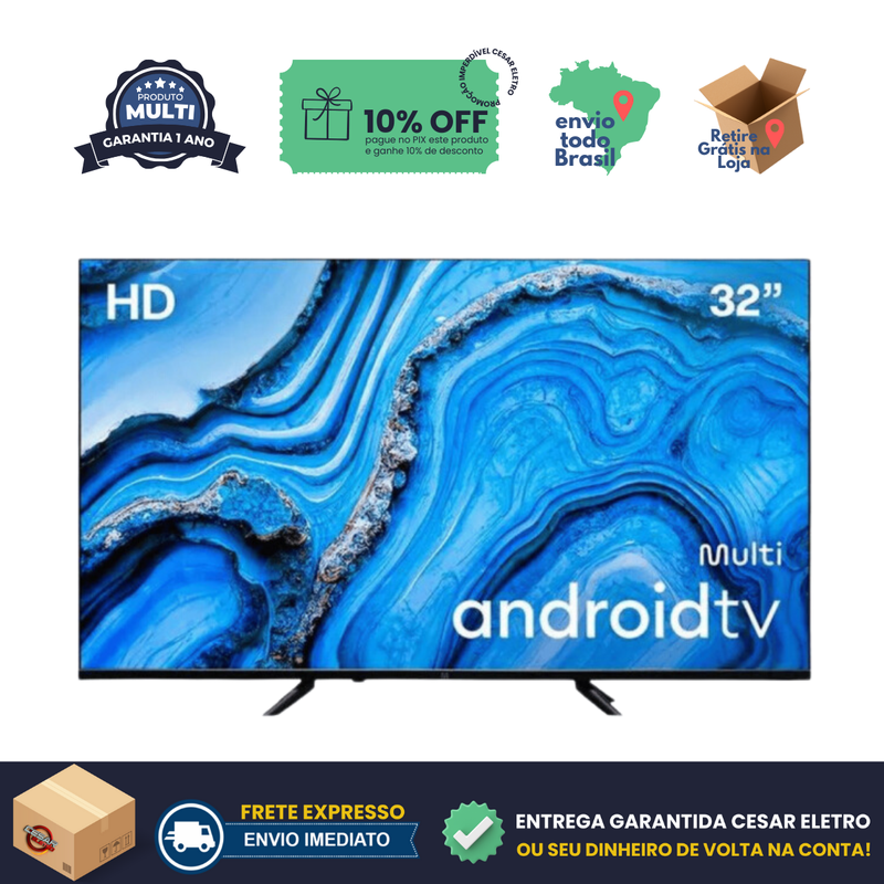 Smart TV 32" Multilaser Led HD TL062M Android 11, Bluetooth, 3 portas HDMI, 2 portas USB, Bivolt