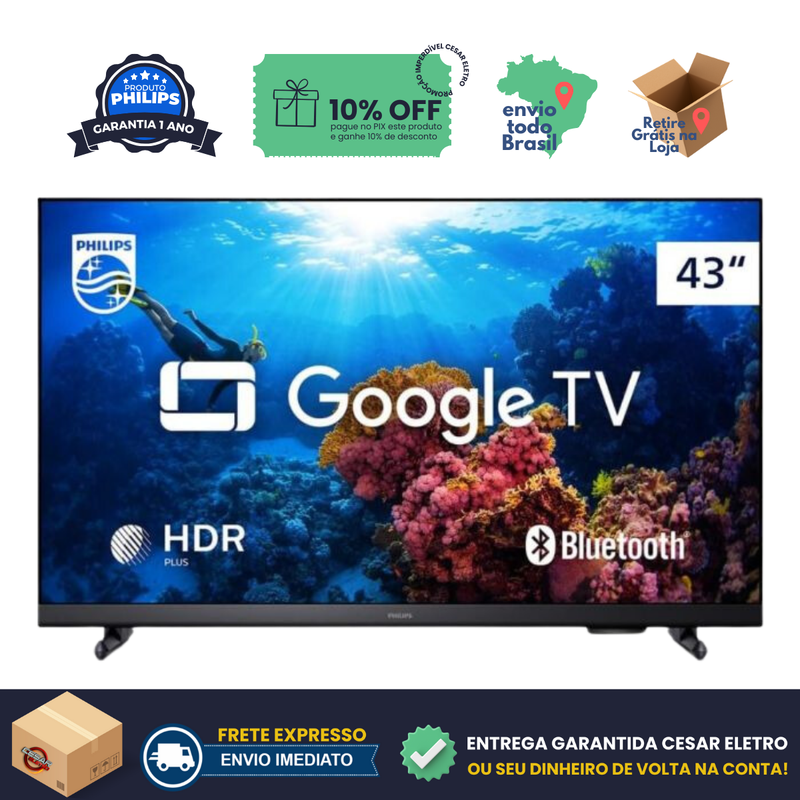 Smart TV 43" Philips Led Full HD 43PFG6909/78 com Google TV, HDR, 3 HDMI, 2 USB, Wifi 5G, Bluetooth, 60Hz, Bivolt