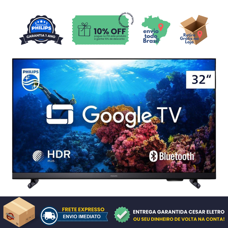 Smart TV 32" Philips Led HD 32PHG6918/78G com Google TV, HDR, Wi-Fi, 3 HDMI, 2 USB, 60Hz, Preto, Bivolt