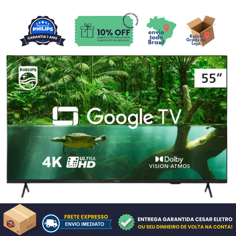Smart TV 55" Philips Ultra HD 4K 55PUG7019/78 com Google TV, Chromecast, HDR10+, 3 HDMI, 2 USB,  Bluetooth 5.0, Bivolt