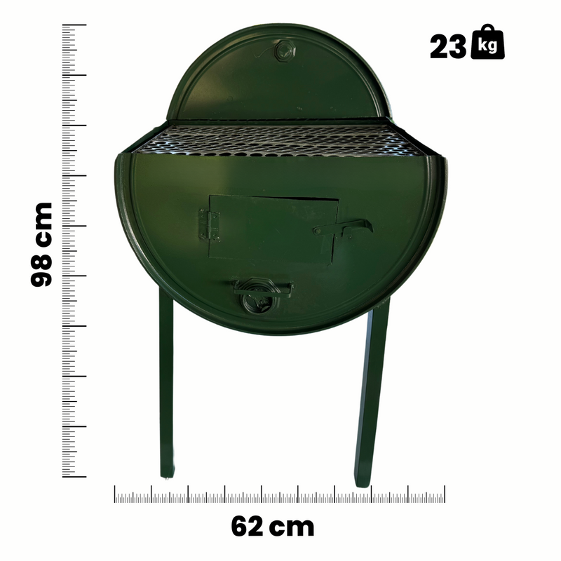 Churrasqueira Portatil Tambor Inteiro 200 L Dupla Meia Bafo Meia Grelha Tamanho Grande c/ 2 Grelhas Cor Verde