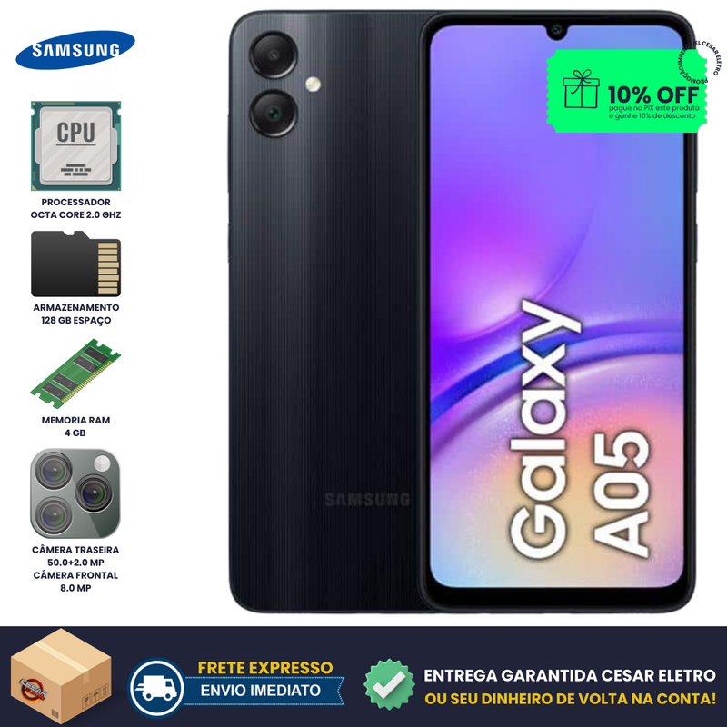 Smartphone Samsung Galaxy A05, Tela 6,7", 128 GB, 4 GB RAM, Câmera Tripla 50MP + Selfie 8MP, Cor Preto