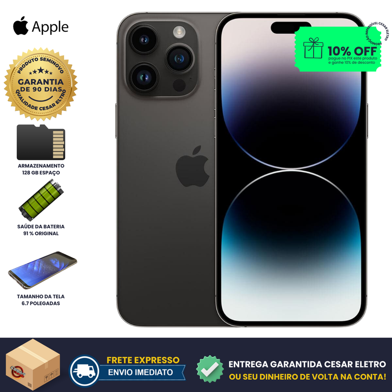 Smartphone Apple Iphone 14 Pro Max, Tela 6,7", 128 GB, 6GB RAM , Câmera Tripla 48 MP, 5G, Cor Preto Espacial - Seminonovo