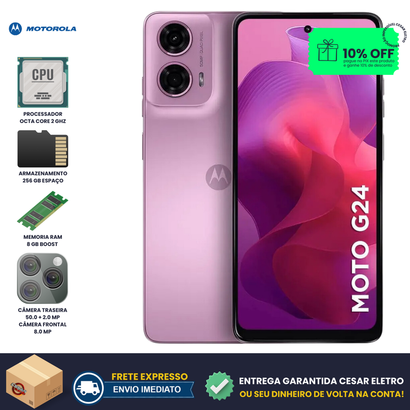 Smartphone Motorola Moto G24, Tela 6,6", 256 GB, 8GB RAM Boost, Câmera Dupla 50MP + Selfie 8MP, 4G, Cor Rosa
