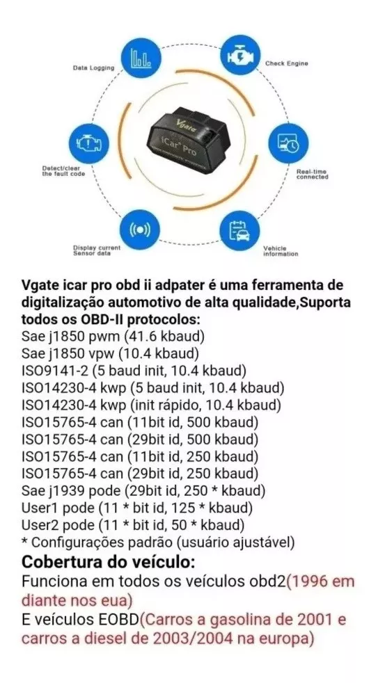 Vgate Pro Icar2 Obd2 Dual Bluetooth 4.0 / 3.0 IOS e Android