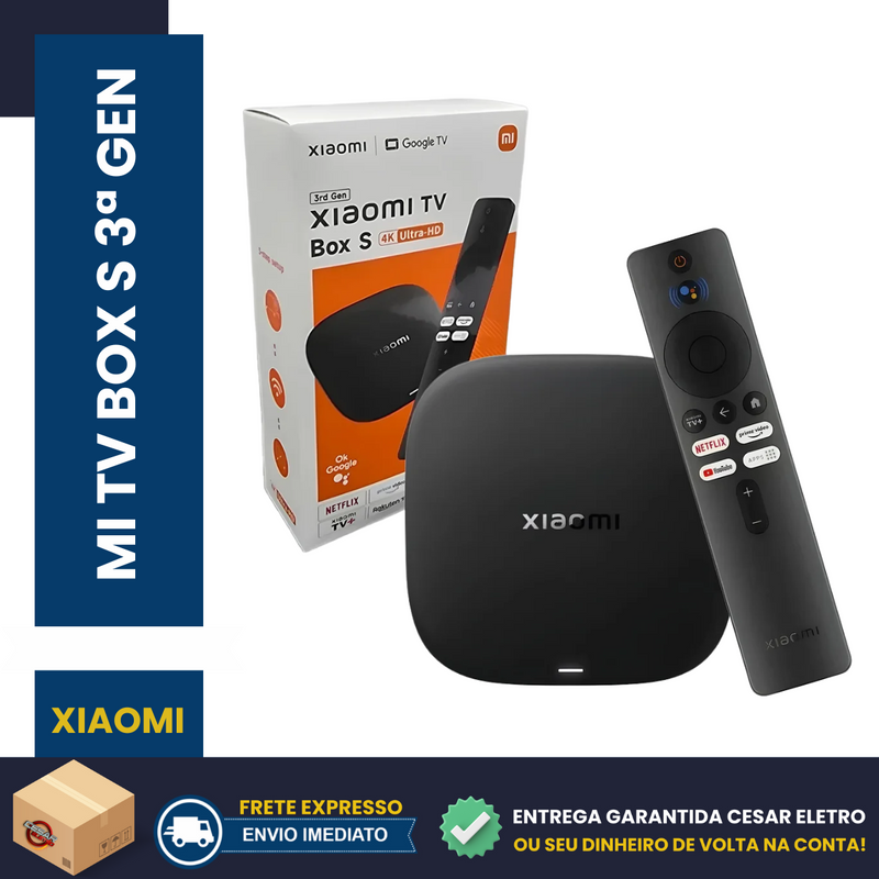 Aparelho Xiaomi Mi TV Box S 3ª Geração Android TV 11, 4K, Wi-Fi, Bluetooth, Controle por Voz Google, Netflix, YouTube, Disney+